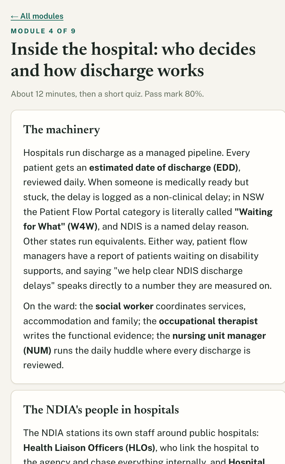 A real Referral Ready lesson on a phone: module 4, inside the hospital