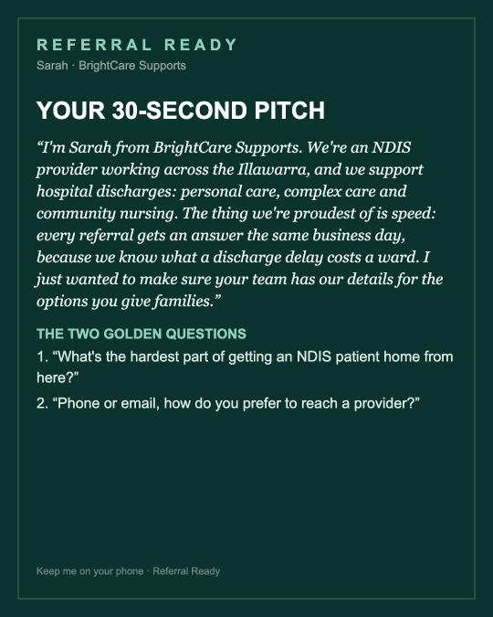 A personalised pocket card showing a rep's 30-second hospital pitch