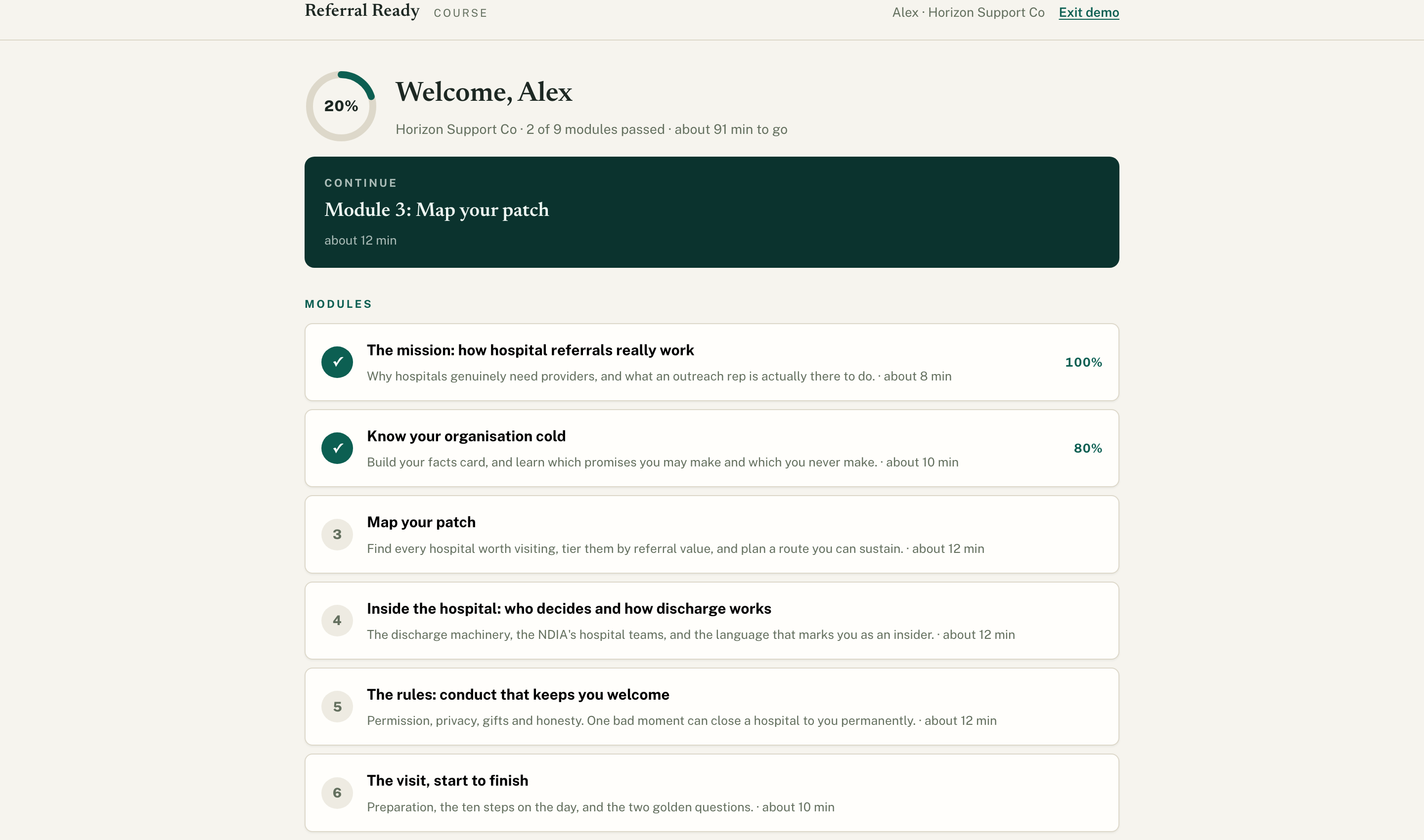 The Referral Ready course dashboard: progress ring, continue card and the nine-module list